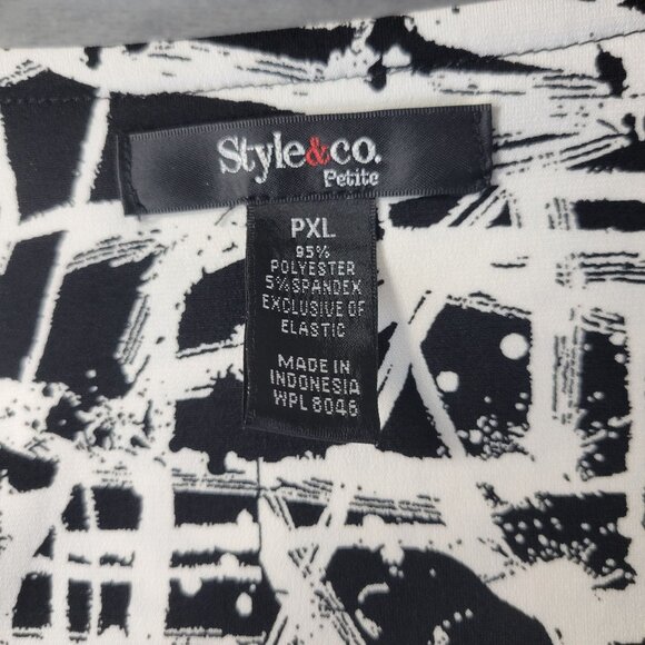 Style and Co Womens Petite XL Abstract Print Roll Tab Sleeve Blouse Black White - Picture 2 of 8